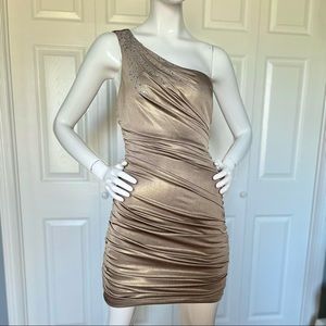 Vintage gold one shoulder ruched dress in excellent condition